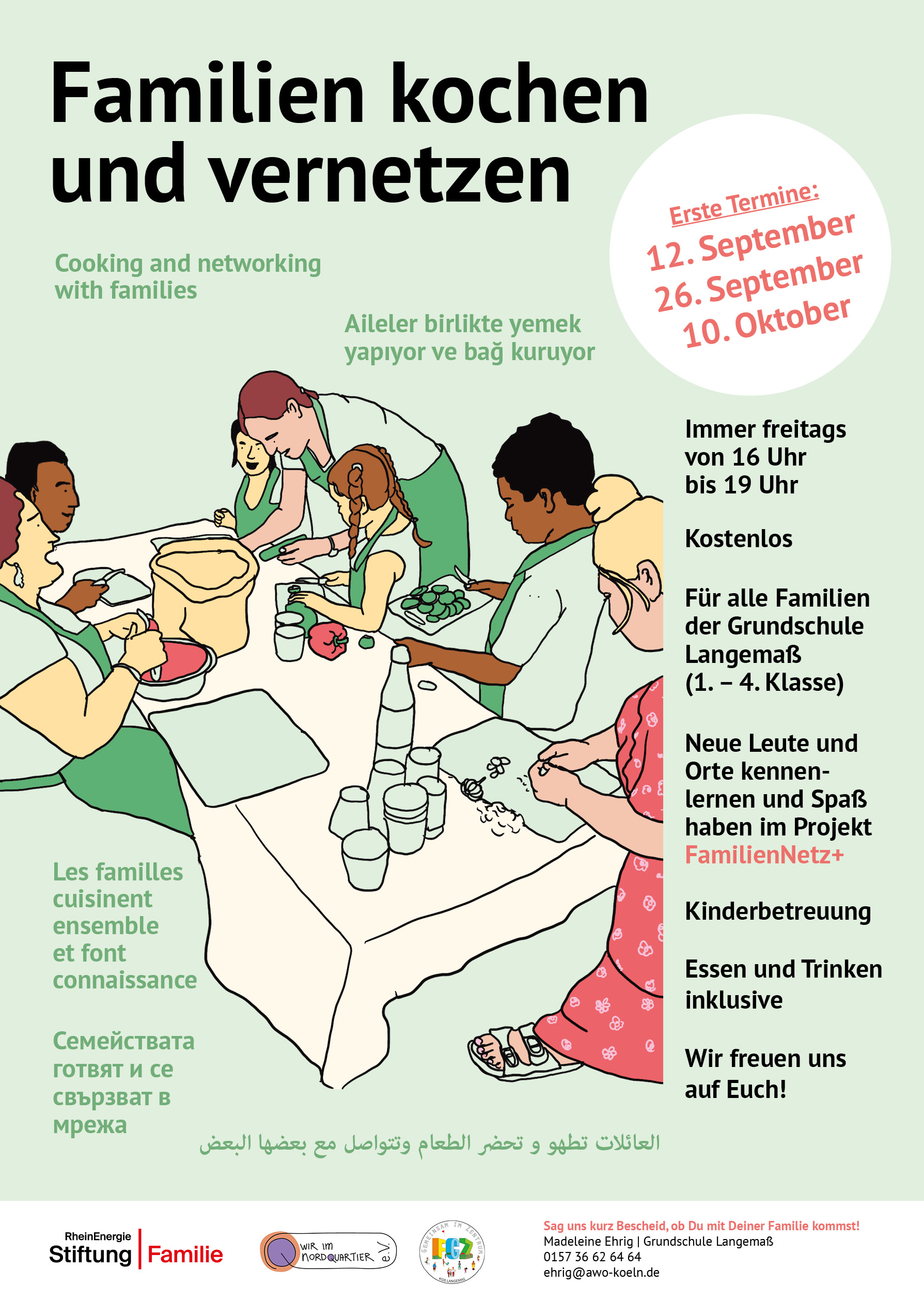 Familien illustriert stehen um Tisch und bereiten Essen zu