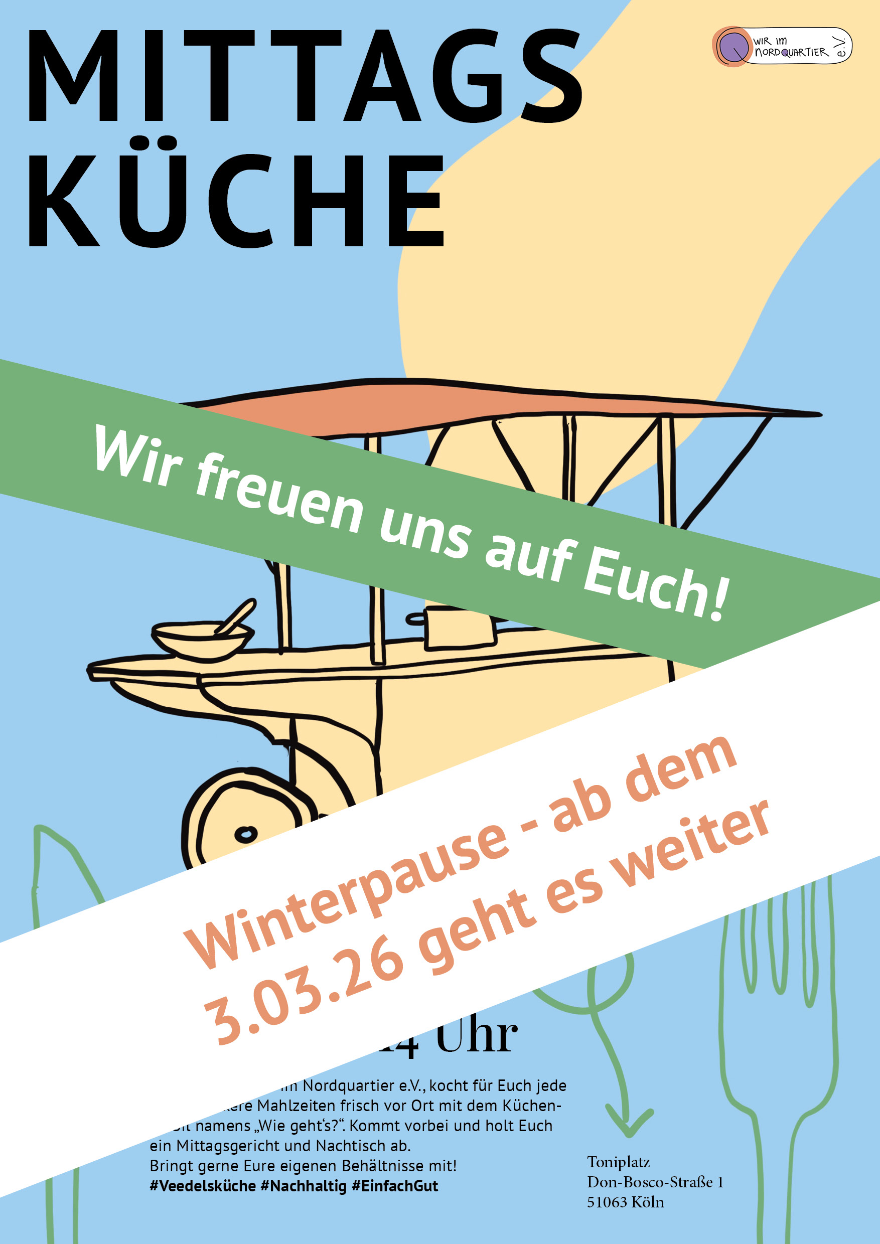 Buntes Plakat mit Zeichnung von Fahrrad und Typografie
